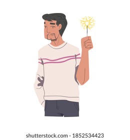 Man Holding Burning Sparkler, Guy Celebrating Christmas, New Year or Birthday Holiday Cartoon Style Vector Illustration