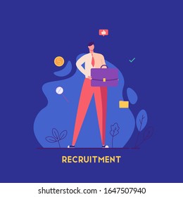 Man holding a business briefcase. Job candidate with good feedback. Recruitment or headhunting agency. Concept of recruitment, headhunting, employment. Vector illustration for UI, web banner, app