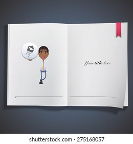 Man holding a button and printed on book