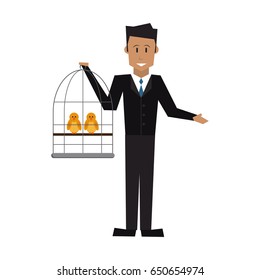 man holding a cage with bird veterinary concept