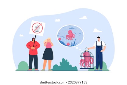 Man holding cage with octopus inside vector illustration. Cartoon drawing of animal rights activists protesting against breeding sea creatures. Animal care or protection, exotic animals concept