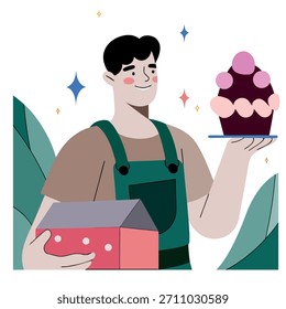 Ein Mann hält einen Kuchen und eine Schachtel. Er lächelt und hält den Kuchen in der rechten Hand