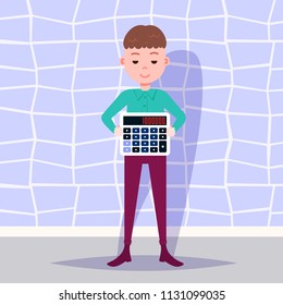 man holding calculator financial analysis template for design work and animation flat vector illustration