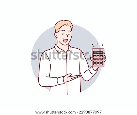 man holding a calculator in the hands. Hand drawn style vector design illustrations.
