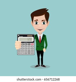 man holding a calculator. Stock vector illustration for poster, greeting card, website, ad, business presentation, advertisement design.