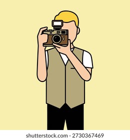 Un hombre sosteniendo una cámara con un flash, listo para tomar una foto, representado en un estilo de ilustración simple y limpio.