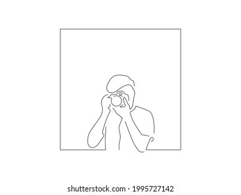 Hombre sujetando un dibujo de la línea de la cámara, diseño de ilustración vectorial. Colección de verano.