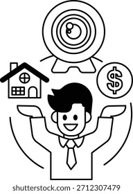Un hombre sostiene una cámara y sonríe, con una casa y un billete de un dólar en el fondo. Concepto de capturar un momento y la importancia del dinero en la vida