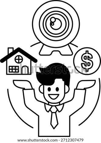 A man is holding a camera and smiling, with a house and a dollar bill in the background. Concept of capturing a moment and the importance of money in life