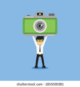 Man holding camera vector illustration. Green camera vector with employee man vector.