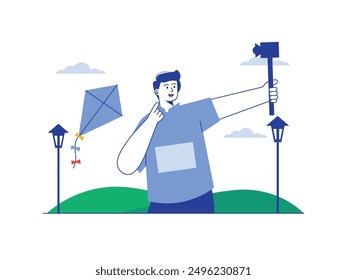 Man holding camera, vlog content creator during summer in the park. Character design. Vector flat illustration