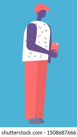 Man holding can, isolated on blue background. Guy wearing red pants, colorful t-shirt and cap with some drink. Garbage sorting. Vector illustration in flat cartoon style
