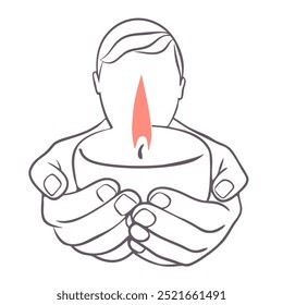 Man holding candle. Symbol of prayer and church concept in simple linear style. Doodle outline illustration. Memorial linear symbol.