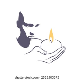 Man holding candle. Symbol of prayer and church concept in simple linear style. Memorial linear symbol.