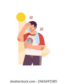 Man holding a cap  suffering from heat wave and sunstroke. Boy wiping sweat with napkin. Guy sweating a lot on summer because of hot temperature. Flat illustration for infographic element