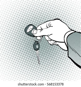 Man holding car keys. Hand hold keys. Hand with a car key. Key car.vector illustration. Hand holding and giving keys. Hand giving car keys. Concept idea of advertisement and promo. Halftone background