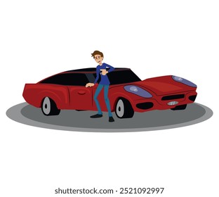 Hombre sosteniendo las llaves del coche. Carácter masculino feliz con la nueva compra del automóvil. Concesionario de automóviles, vendedor, vendedor de pie por el vehículo. Propietario del transporte. Ilustración vectorial plana aislada sobre fondo blanco.