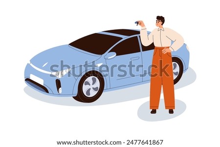 Man holding car keys. Happy male character with new automobile purchase. Auto dealer, seller, salesman standing by vehicle. Transport owner. Flat vector illustration isolated on white background