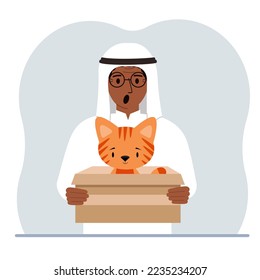 A man is holding a cardboard box with a beautiful ginger cat. The concept of rescue, help and care for pets. Vector flat illustration