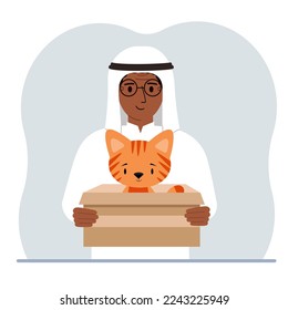 A man is holding a cardboard box with a beautiful ginger cat. The concept of rescue, help and care for pets. Vector flat illustration