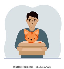 A man is holding a cardboard box with a beautiful ginger cat. The concept of rescue, help and care for pets. Vector flat illustration