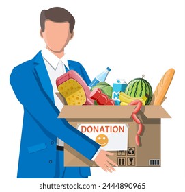 Hombre sosteniendo caja de cartón llena de comida. Artículos necesarios para la donación. Agua, pan, carne, leche, frutas y verduras. Banco de alimentos, caridad, concepto de acción de gracias. Ilustración vectorial plana