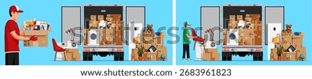 Man holding cardboard box with office supplies. Moving service with truck full of carton boxes and household items. Relocation concept.