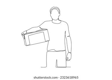 A man holding a cardboard box in one hand. World humanitarian day one-line drawing