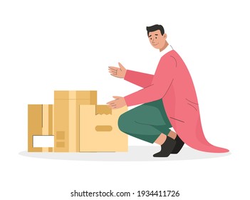 Man holding cardboard box with things. Young guy packing belongings in many boxes. Moving to new home, relocation to new apartment concept. Vector character illustration isolated on white background