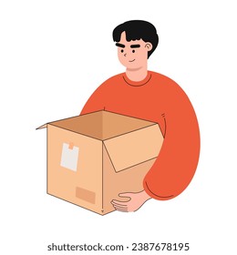 Man holding cardboard boxes, move paper boxes , delivery, unpacked, vector illustration.