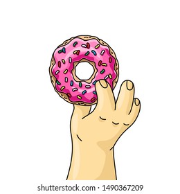 man holding cartoon donut with pink glaze. close up vector illustration 