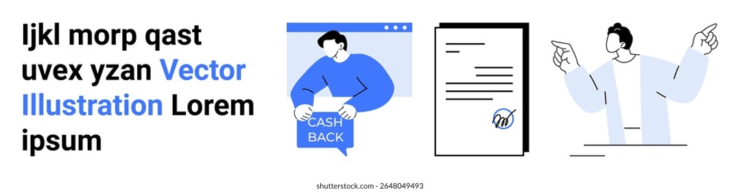 Man holding Cash Back bag, document with seal, professional pointing. Ideal for financial services, business agreements, presentations, e-commerce, education, instructional guides, promotional