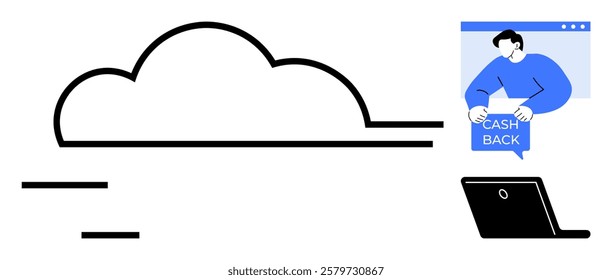 Man holding cash back icon in front of laptop beside a cloud. Ideal for cloud storage, online shopping, financial savings, e-commerce, digital marketing. Simple minimalist style