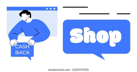Man holding cash back sign with shopping speech bubble. Ideal for online shopping marketing promotional content cash back offers e-commerce websites customer engagement minimalist design digital