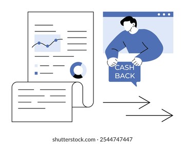 Man holding a Cash Back sign with a financial report featuring graphs charts and data. Ideal for finance marketing business economics and savings. Simplistic modern style