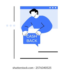 Man holding cash back sign. Ideal for finance, merchandise, online shopping, cashback offers, and digital marketing. Showing a webpage window with clean lines and blue accents. Flat vector design