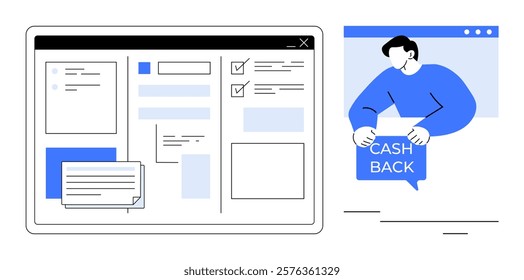 Man holding a cash back sign and an interface with multiple panels and checkboxes. Ideal for e-commerce, online shopping, payment services, user interfaces, financial technology. Clean line art style