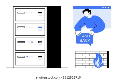 Man holding cash back sign, server rack, and firewall icon. Ideal for technology, cybersecurity, e-commerce, finance, and web development contexts. Clean, minimal, and modern style
