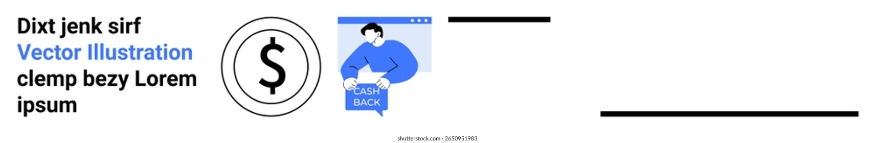 Homem segurando o sinal de Cash Back, símbolo de dólar em design circular, blocos de texto com espaço reservado lorem ipsum texto. Ideal para finanças, marketing, promoção, e-commerce, negócios, anúncios, pouso
