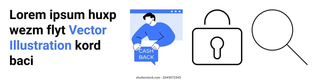 Man holding Cash Back, web page header, secure lock, magnifying glass. Ideal for e-commerce, security, search, finance, online transactions, marketing, promotions Landing page