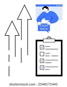 Hombre sosteniendo una señal de devolución de dinero junto a flechas que apuntan hacia arriba y un Portapapeles con listas de verificación. Ideal para recompensas e incentivos financieros Estrategias de organización Gestión de tareas y seguimiento del progreso