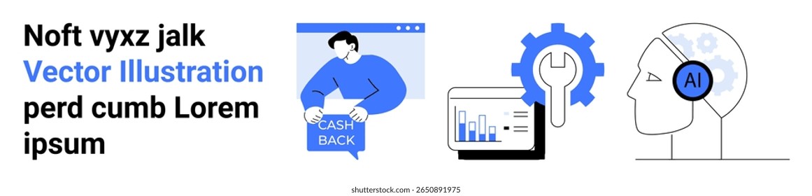 Man holding cashback sign, a data analytics chart on tablet, wrench and gear, AI headset. Ideal for financial incentives, customer engagement, business management, tech support, AI concepts, data