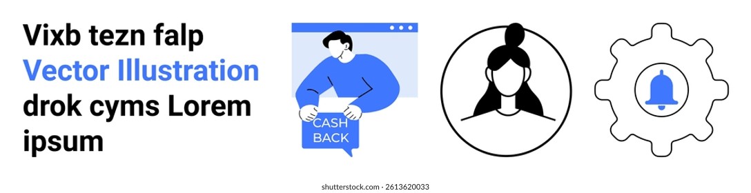 Man holding cashback sign, female avatar illustration, bell notification icon inside gear. Ideal for website design, mobile apps, marketing materials, user interfaces, social media, educational