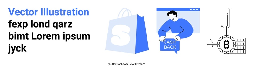 Man holding a cashback sign, a shopping bag with logo, and Bitcoin symbol interconnected with tech lines. Ideal for online shopping, cryptocurrency, cashback offers, digital commerce, e-commerce