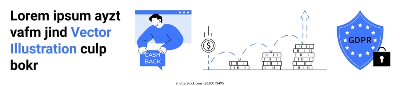 Man holding cashback sign, upward graph with coins, GDPR shield with padlock. Ideal for finance, e-commerce, marketing, cybersecurity, business presentations, educational content, policy awareness