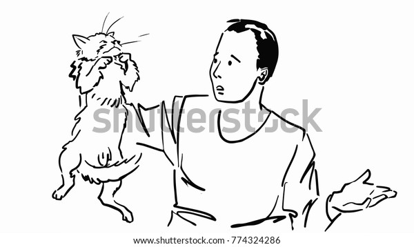 The man holding a cat by the scruff.\
Black and white vector sketch. Simple\
drawing.
