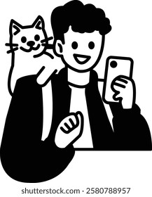 A man is holding a cat and a cell phone. He is smiling and he is happy