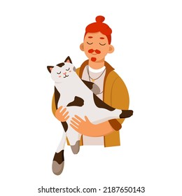 Man Holding Cat In Hands Vector Illustration. Cartoon Isolated Young Male Pet Owner Hugging Domestic Animal Friend With Love, Portrait Of Cuddles Of Guy And Little Kitty Companion With Funny Face