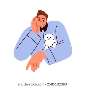 Man holding cat on arm. Happy smiling person, pet owner with cute funny feline companion on hand. Male character and kitty looking together. Flat vector illustration isolated on white background