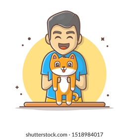 Man Holding Cat Vector Icon Illustration. Cat And People, Animal Icon Concept White Isolated. Flat Cartoon Style Suitable for Web Landing Page, Banner, Sticker, Background